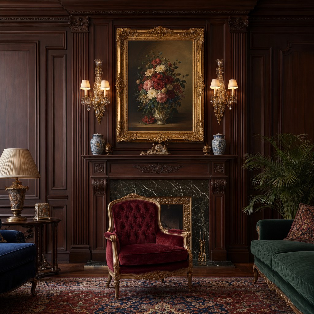 Traditional architectural details: crown molding at ceiling, wainscoting panels on lower wall, carved wood mantel shelf above fireplace