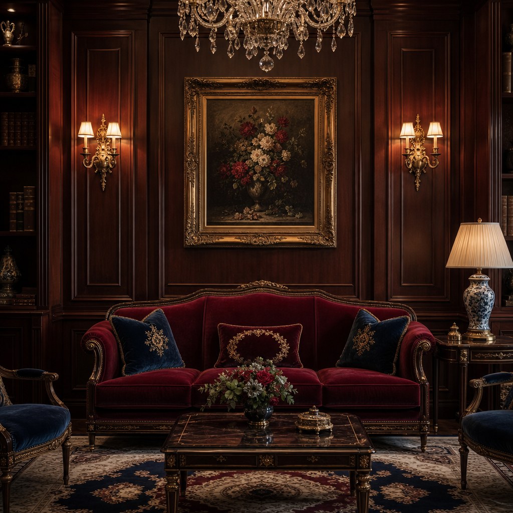 Traditional three-level lighting: crystal chandelier overhead, paired brass sconces with fabric shades, ceramic table lamp with pleated drum shade