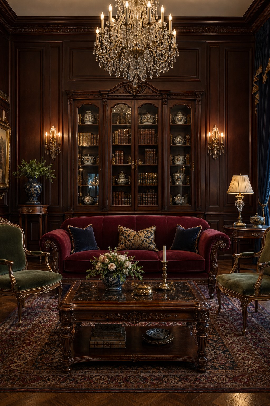 Traditional dark wood case goods: carved mahogany coffee table, spindle-leg side table, glass-door bookcase with displayed china and leather-bound books