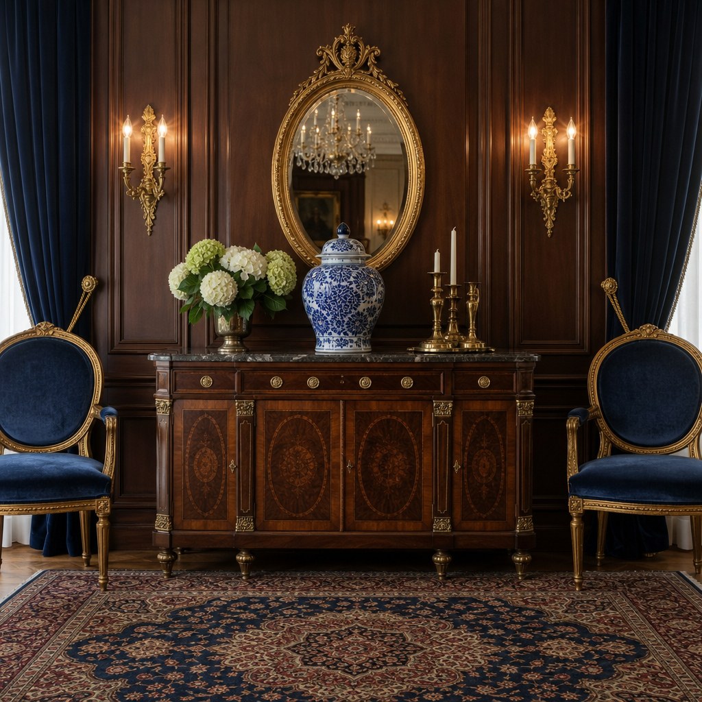 Traditional textiles and accents: navy velvet curtain panels, traditional-medallion Oriental rug, blue-and-white ginger jar, gold oval mirror, brass candlesticks