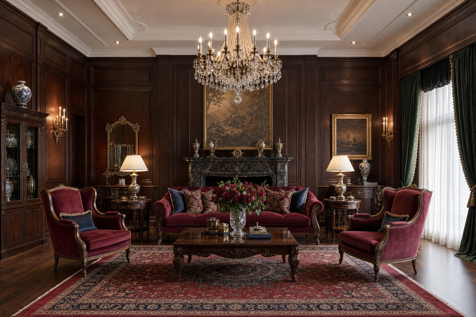 Traditional living room with symmetrical wingback chairs, carved dark wood coffee table, crystal chandelier, Oriental rug on dark hardwood, and fresh flowers in a crystal vase