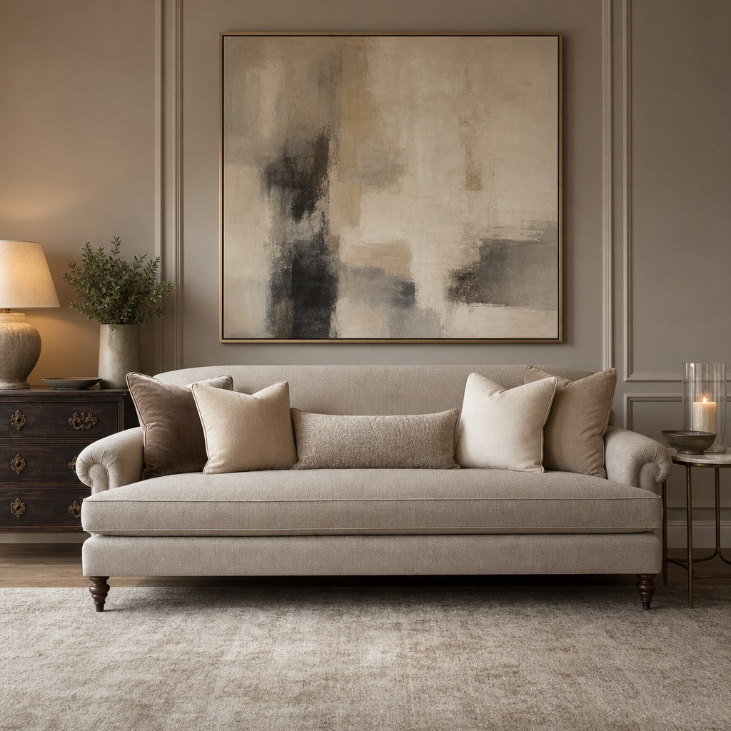 Transitional interior design upholstered rolled-arm sofa in warm greige linen fabric with low clean-lined profile, subtle rolled arm detail, turned wooden legs in warm walnut finish, neutral cream and taupe throw pillows layered on top