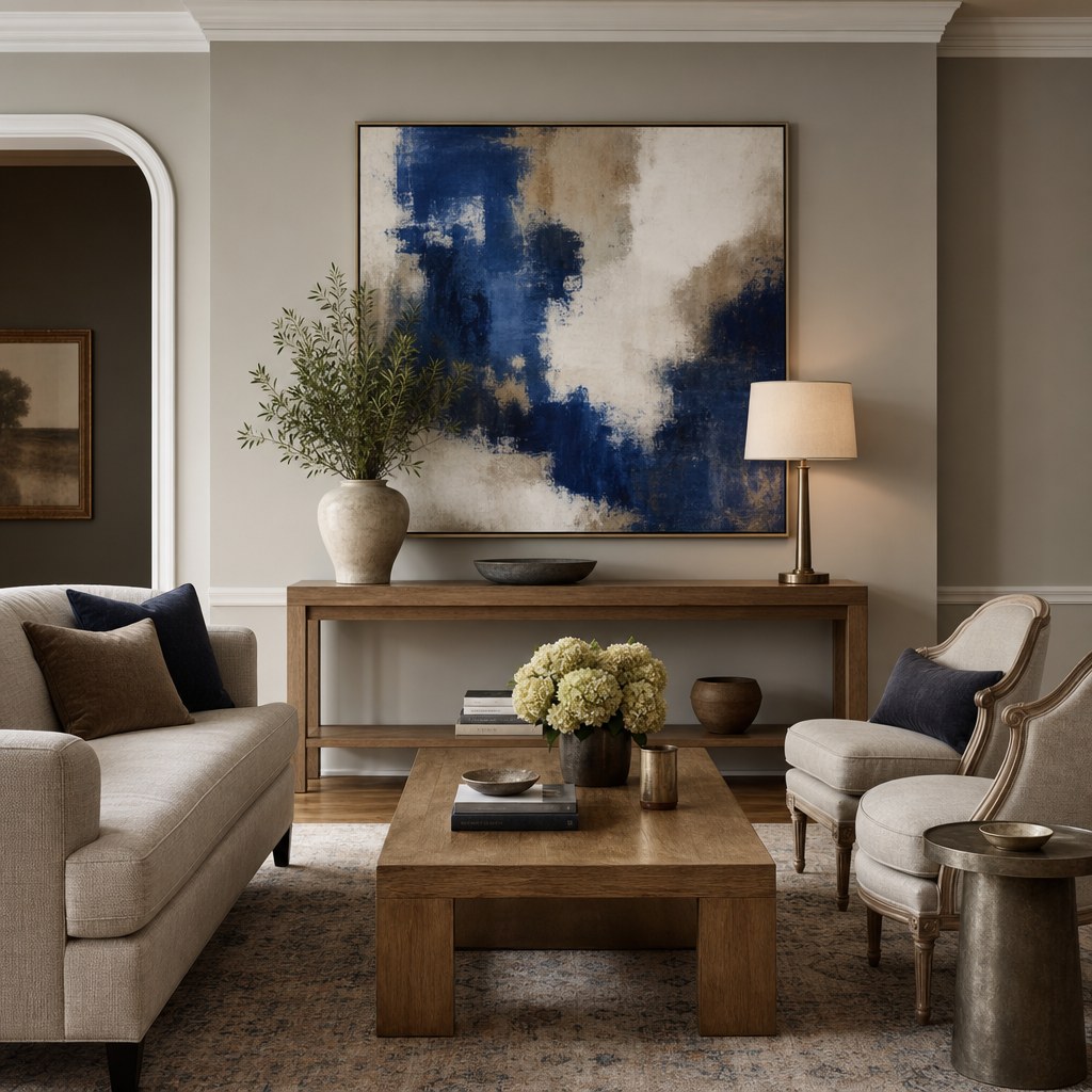 Transitional interior design warm hardwood flooring in honey oak tone, rectangular solid wood coffee table with light warm finish, wood-finish console table against greige wall, clean simple lines with no carvings or heavy ornamentation