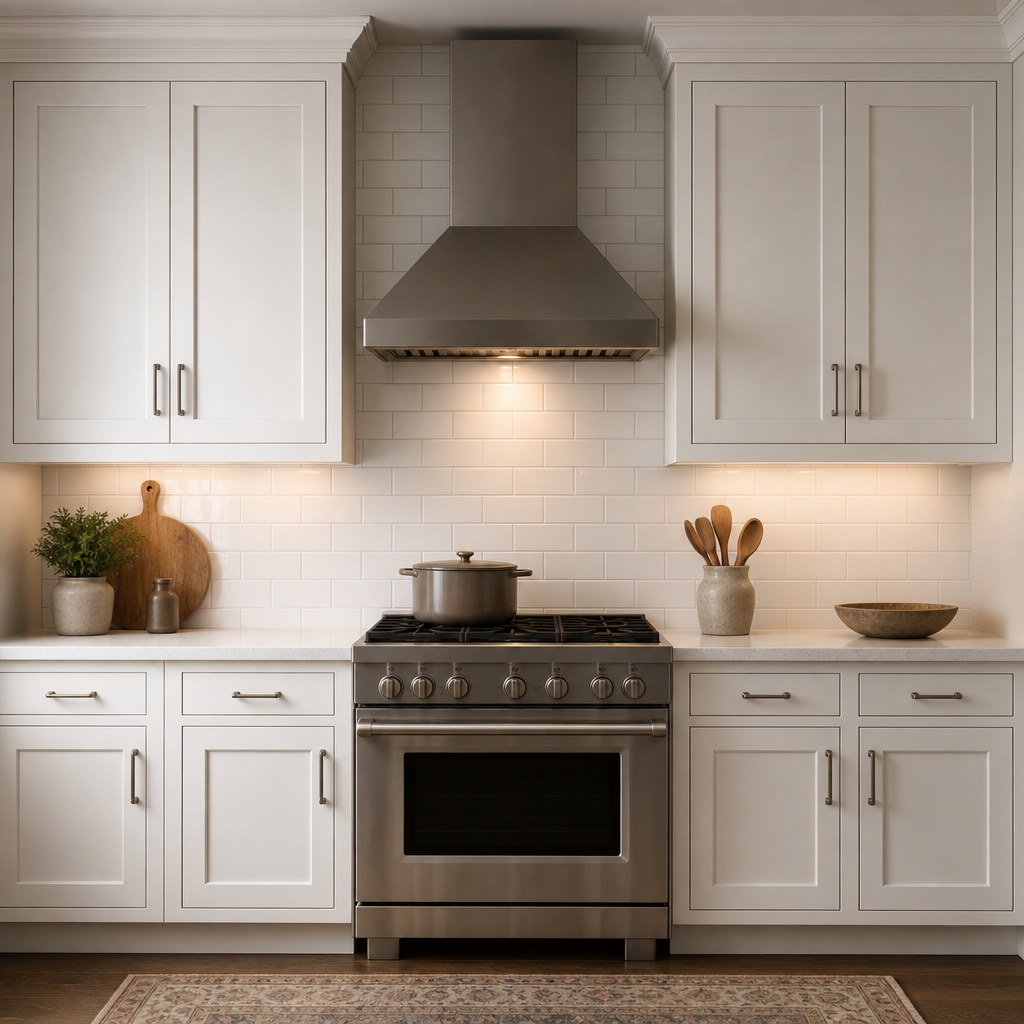 Transitional interior design shaker style cabinetry in soft white with simple recessed panel doors, brushed nickel hardware pulls, white subway tile backsplash in classic four-by-eight-inch format, clean simple profile crown molding at ceiling