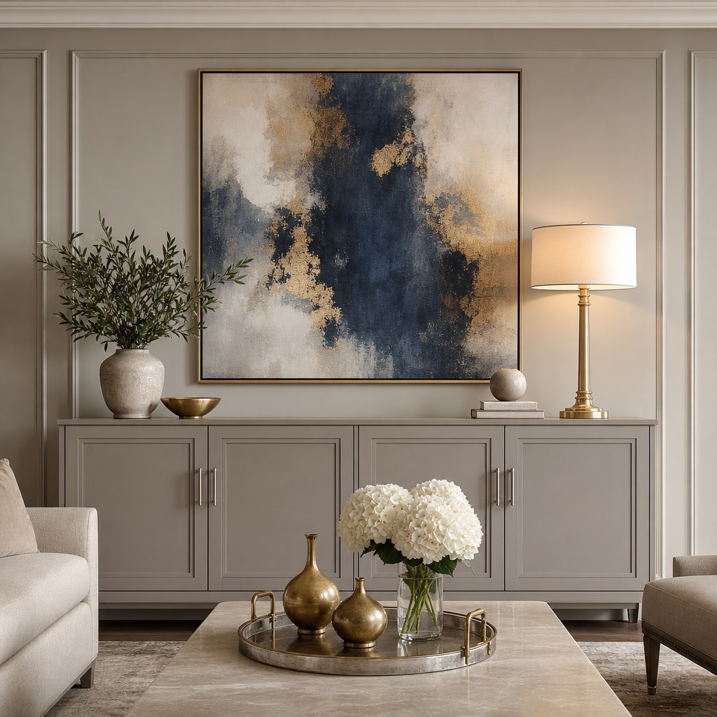 Transitional interior design mixed metal accents: brushed nickel cabinet hardware pulls on shaker doors, warm brass table lamp with white linen shade, gold brass bud vases on coffee table, mixed metal decorative tray with nickel frame and brass handles