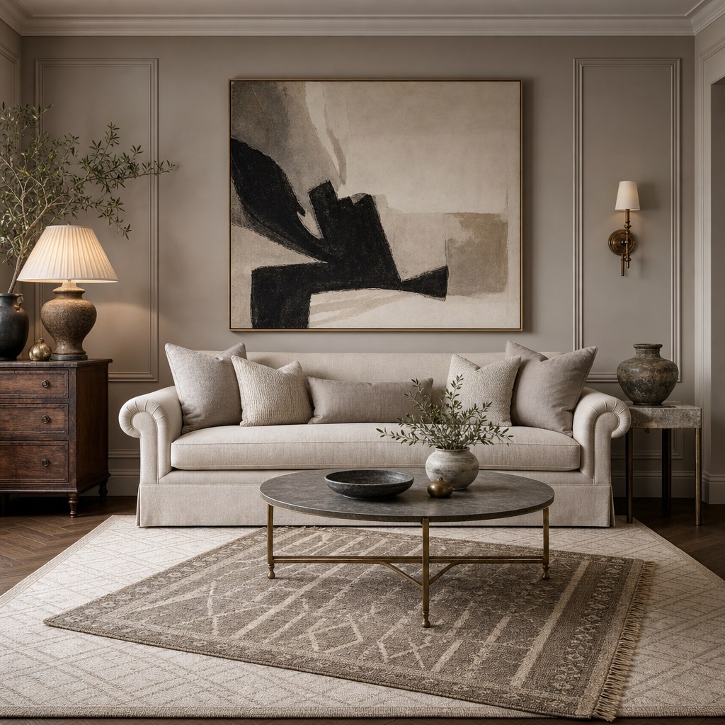 Transitional interior design layered neutral area rug in warm ivory with subtle low-contrast geometric diamond pattern, smaller flat-weave kilim rug in warm taupe and cream layered on top at an angle, linen throw pillows in soft greige on rolled-arm sofa