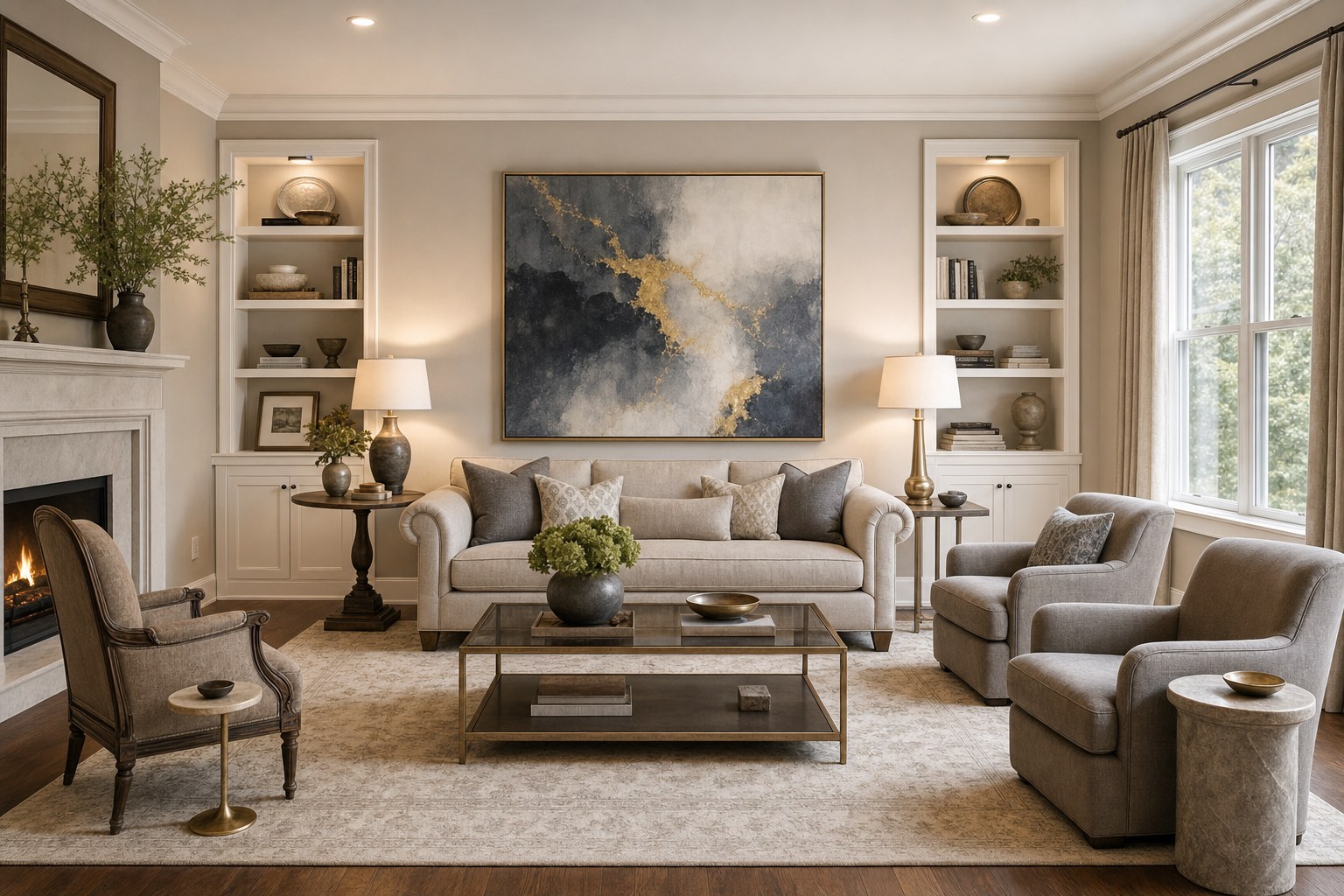 Transitional interior design living room with rolled-arm sofa in warm greige linen, warm hardwood floors, shaker-style built-in millwork in soft white, brushed nickel and brass mixed metal accents on coffee table and lamps, layered neutral area rug in ivory and taupe