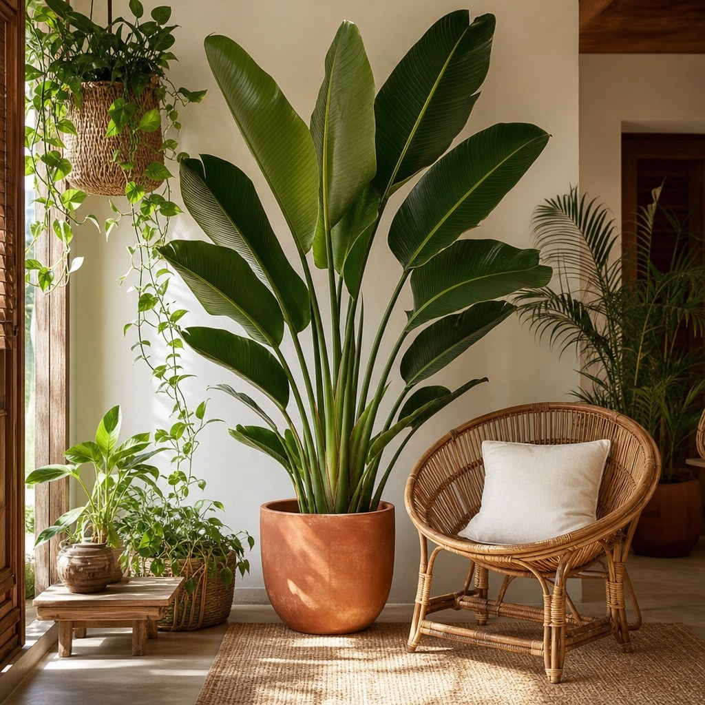 Tropical plant statement layer: large bird of paradise in terracotta pot at architectural height beside rattan chair, areca palm in corner, trailing pothos in rattan hanging planter, lush indoor tropical plants in warm neutral room
