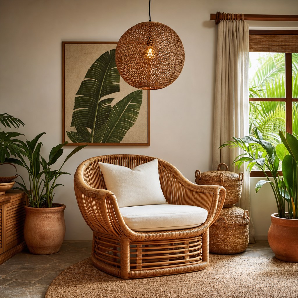 Tropical rattan foundation: natural rattan accent armchair with cream cushion, woven rattan globe pendant light overhead, stacked seagrass baskets in corner, bamboo curtain rod at window