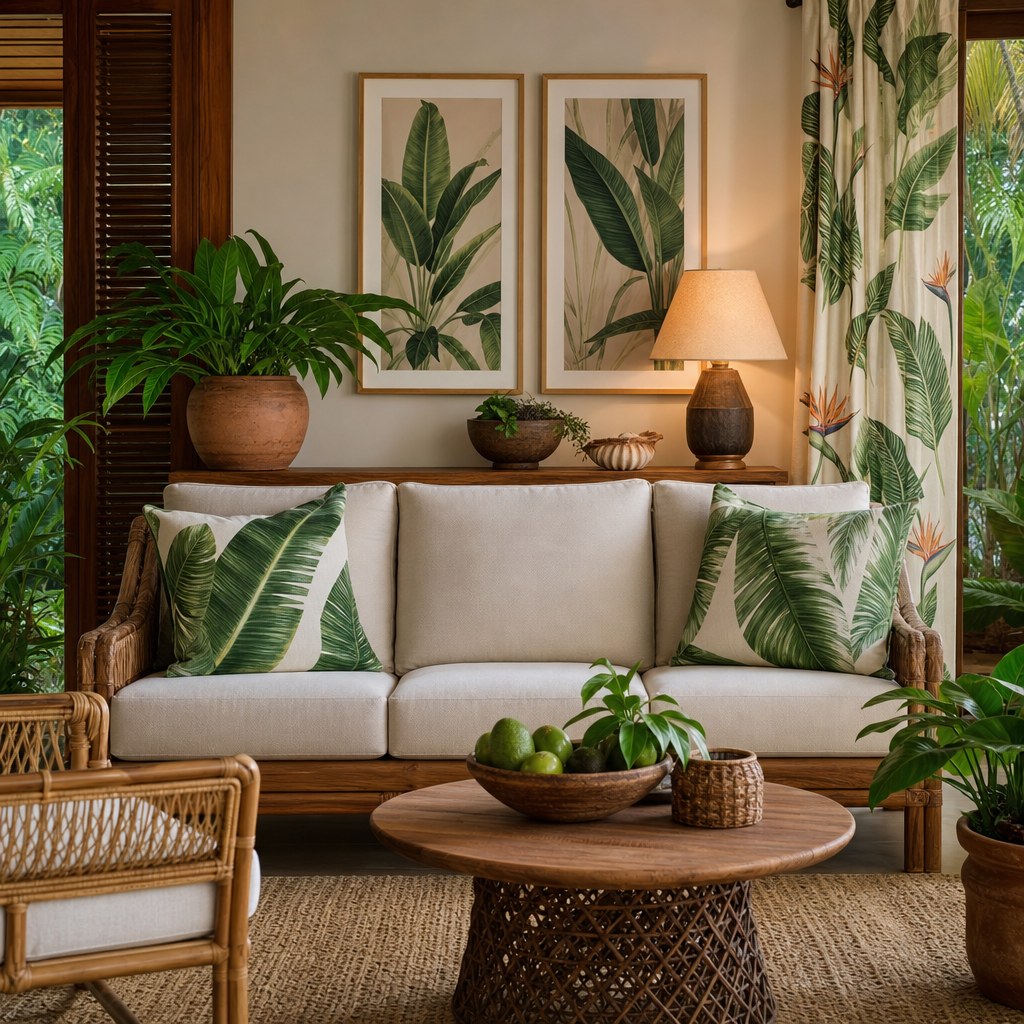 Tropical botanical print layer: banana leaf print throw pillows on cream linen sofa, bird of paradise botanical curtain panels in cream at window, framed botanical leaf art prints on warm wall