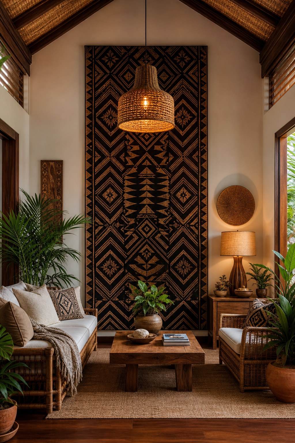 Tropical lighting: handwoven natural fiber pendant lamp 16-in casting warm dappled light, bamboo table lamp with natural linen shade on teak surface, warm Edison 2700K bulbs throughout room