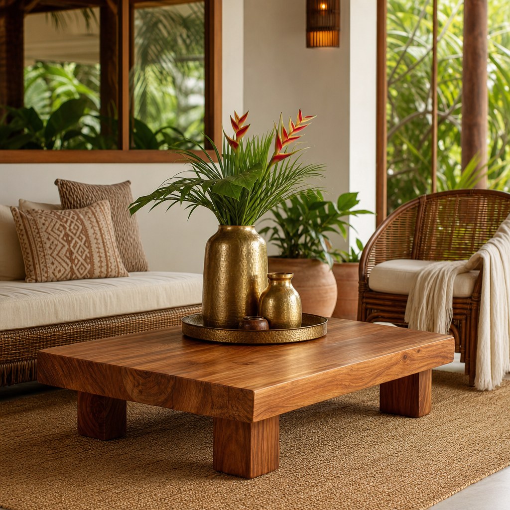 Tropical resort finish: solid teak coffee table with visible warm grain on natural jute rug, hammered brass decorative vase set with botanical stems, cream linen throw blanket on rattan chair completing Bali resort styling