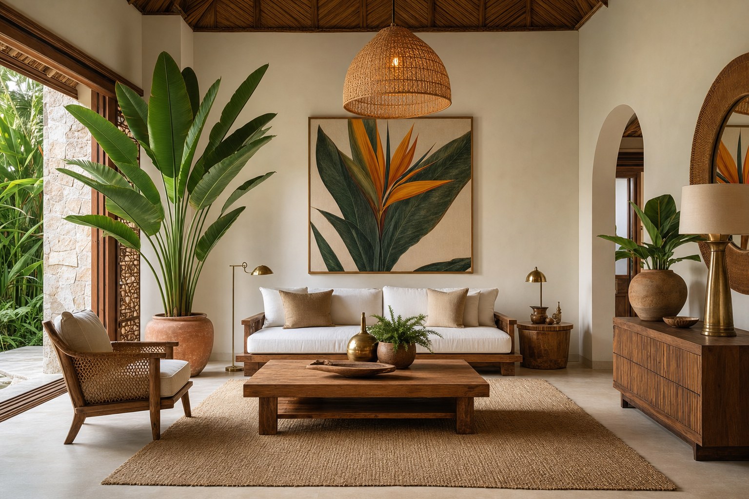 Modern tropical living room with warm neutral cream walls, large bird of paradise plant in terracotta pot, natural rattan armchair, teak coffee table, woven pendant lamp, and brass accents in Bali resort style