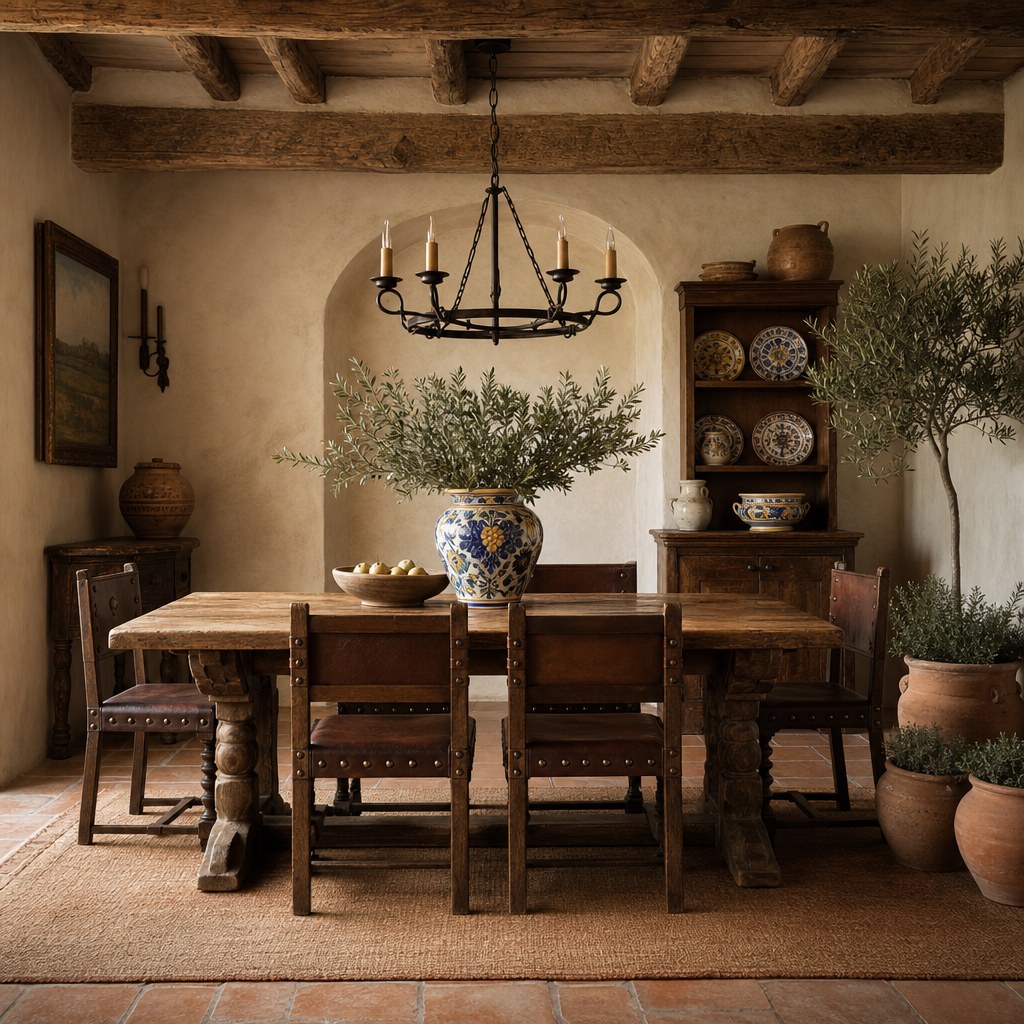 Tuscan terracotta floor layer: large sisal area rug in warm clay and terracotta tones under a rustic wood dining table, unglazed terracotta plant pots grouped in a floor cluster beside the table, natural fired-clay warmth against plastered cream walls