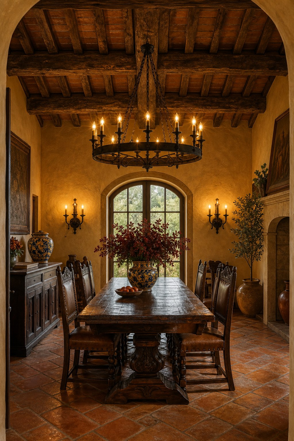 Tuscan wrought iron chandelier: multi-arm ring chandelier in matte black with candle-style Edison bulbs casting warm amber light over a rustic carved wood dining table, paired with matching wall sconces on plastered ochre walls
