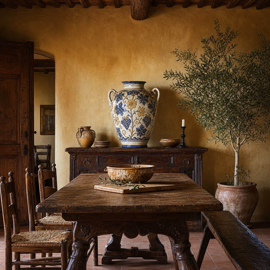 Tuscan rustic wood dining: heavy solid walnut dining table with distressed surface and carved legs, long wooden bench seating on one side, olive wood cutting board and ceramic serving vessel on the table surface, warm ochre walls in background