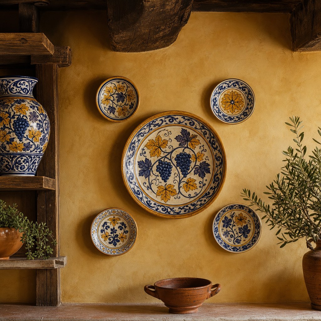 Tuscan majolica pottery collection: hand-painted Italian ceramic decorative wall plates in blue and ochre with grape and vine motifs clustered on a warm ochre plastered kitchen wall, large hand-painted majolica vase on open wooden shelf, terracotta accent bowl