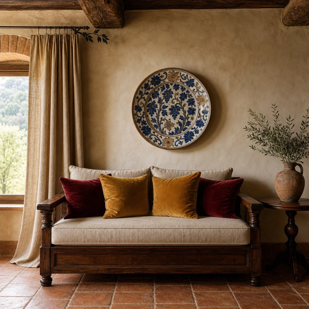 Tuscan linen drapery: floor-length linen curtain panels in warm sand and oat tones on forged iron rod with leaf-motif finials, velvet throw pillow covers in gold ochre and burgundy-wine on a heavy wood sofa frame with linen upholstery