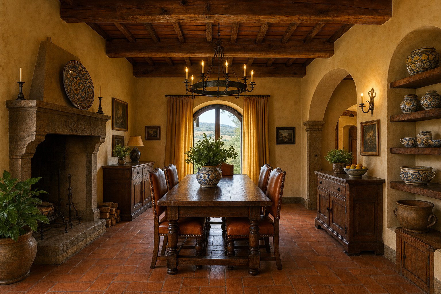 Tuscan interior design: warm terracotta tile floor, exposed wood beam ceiling, wrought iron chandelier with candle-style bulbs, rustic carved walnut dining table, hand-painted majolica pottery on open shelves, linen drapery in golden ochre, arched doorway with plastered walls in warm sandy beige