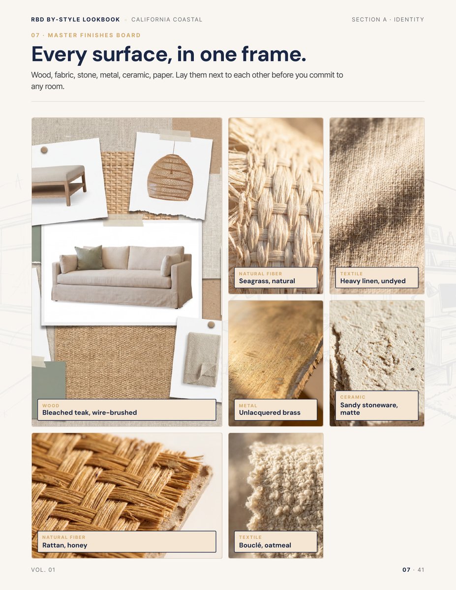 Finishes page from the California Coastal Style Lookbook