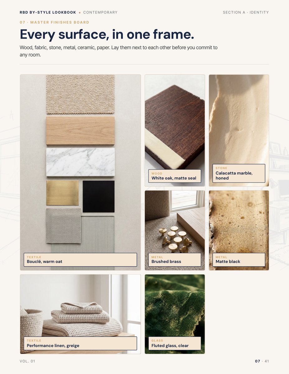 Finishes page from the Contemporary Style Lookbook