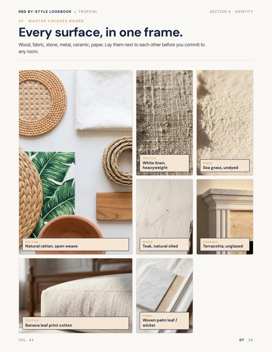 Finishes page from the Tropical Style Lookbook