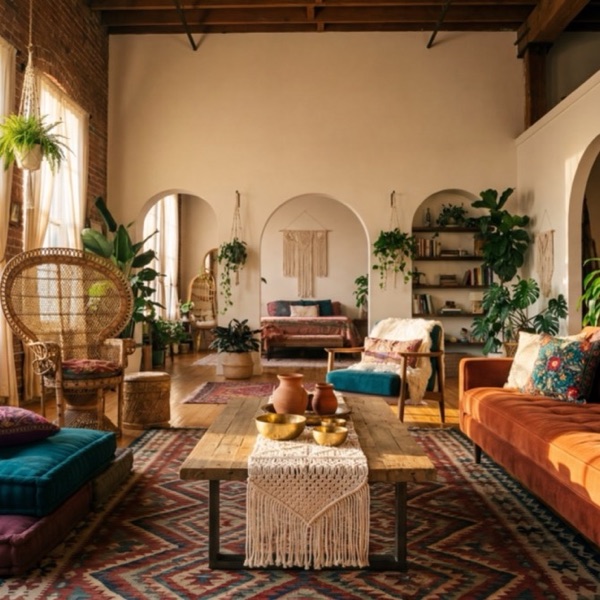 Bohemian living room with arched alcoves, layered rugs and hanging plants