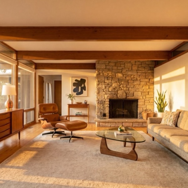 Mid-century modern living room with a stone fireplace and a lounge chair