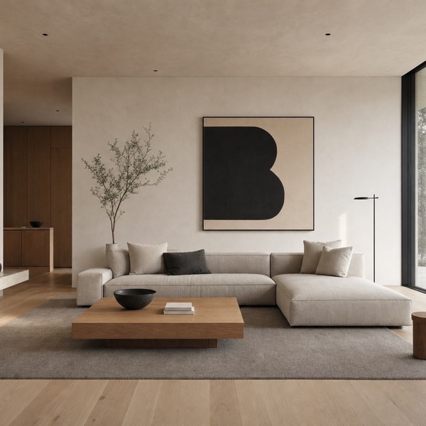 Minimalist living room with an oak coffee table and a low sectional