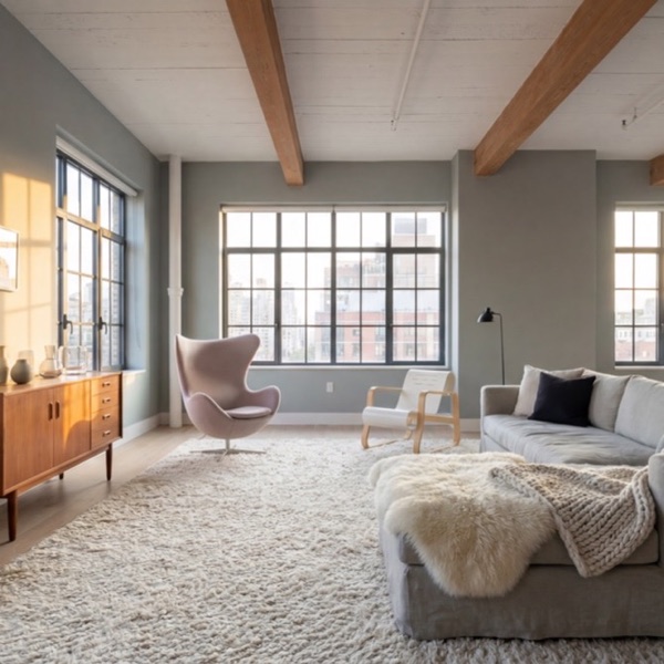 Scandinavian living room with a pale wood sideboard and a wool rug